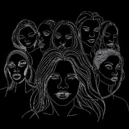 Lijnart-tekening van een vrouw die Nicki Minaj vertegenwoordigt, met meerdere persona's, elk een ander muzikaal genre vertegenwoordigend. De afbeelding symboliseert haar veelzijdigheid en succes met het album "Pink Friday: Roman Reloaded".