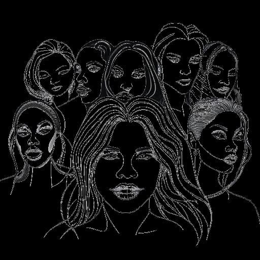 Lijnart-tekening van een vrouw die Nicki Minaj vertegenwoordigt, met meerdere persona's, elk een ander muzikaal genre vertegenwoordigend. De afbeelding symboliseert haar veelzijdigheid en succes met het album "Pink Friday: Roman Reloaded".
