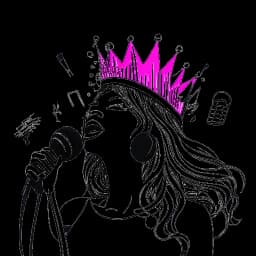Lijnart-tekening van een vrouw die Nicki Minaj vertegenwoordigt, met een microfoon vasthoudend, met een kroon zwevend boven haar hoofd. Levendige muzieknoten omringen haar, symbool voor haar doorbraak met het album "Pink Friday".