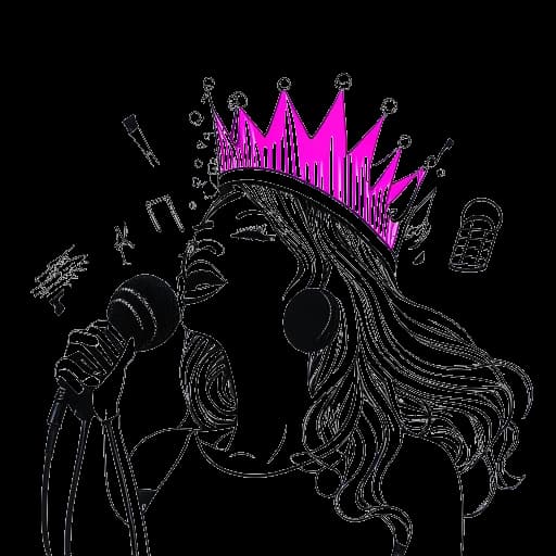Lijnart-tekening van een vrouw die Nicki Minaj vertegenwoordigt, met een microfoon vasthoudend, met een kroon zwevend boven haar hoofd. Levendige muzieknoten omringen haar, symbool voor haar doorbraak met het album "Pink Friday".