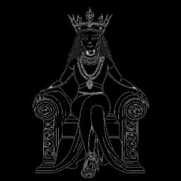 Lijnart-tekening van een vrouw die Nicki Minaj vertegenwoordigt, zittend op een troon, een kroon dragend, straalt een aura van macht en zelfvertrouwen uit. De afbeelding symboliseert haar vestiging als een icoon met het album "Queen".