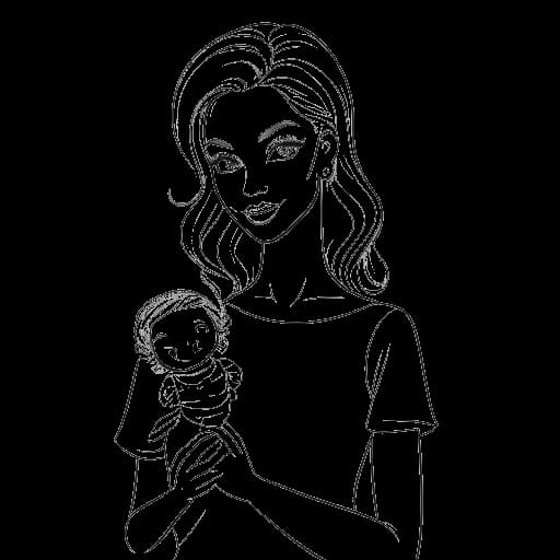 Disegno in stile line art di una donna, rappresentante Nicki Minaj, che tiene una Barbie che le somiglia.