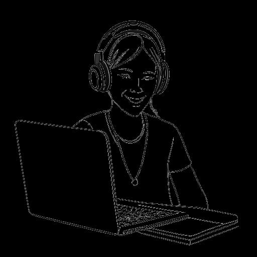 Disegno in stile line art di una donna, rappresentante Nicki Minaj, al computer con le cuffie, sorridente.
