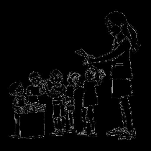 Disegno in stile line art di una donna, rappresentante Nicki Minaj, che distribuisce forniture ai bambini.