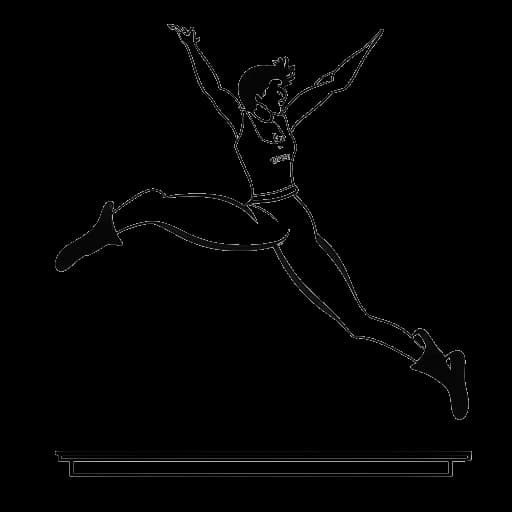 Line art drawing of a collegiate gymnast, representing Olivia Dunne, executing a mid-air flip above a balance beam with 'LSU' on the leotard and surrounded by floating dollar signs, against a white backdrop