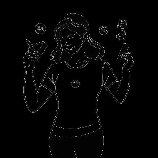 Dibujo de arte lineal de una mujer representando a Olivia Dunne, realizando una pose de gimnasia mientras sostiene un teléfono inteligente y firma documentos, con prominentes logotipos de marca que la rodean, sobre un fondo blanco.