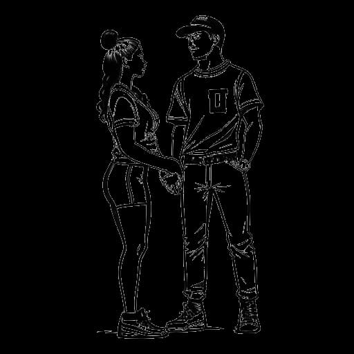 Dibujo de línea de una joven gimnasta representando a Olivia Dunne y un jugador de béisbol representando a Paul Skenes, de pie juntos.