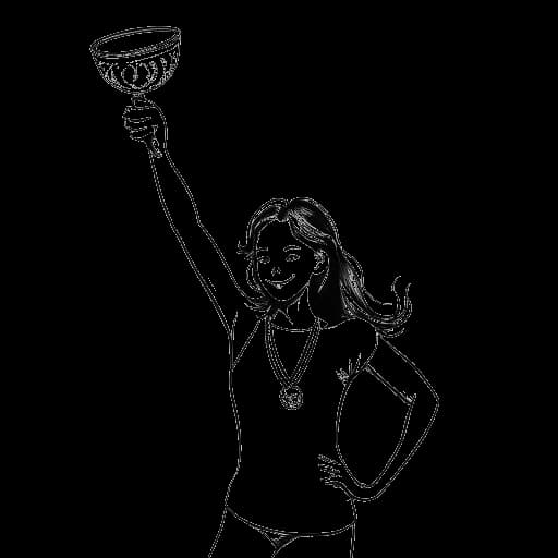Dibujo de línea de una joven gimnasta representando a Olivia Dunne, sosteniendo una medalla de oro y una bandera italiana.