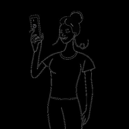 Dibujo de línea de una joven gimnasta representando a Olivia Dunne, sosteniendo un teléfono inteligente.