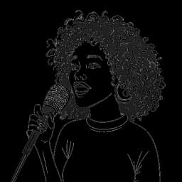 Dessin en noir et blanc d'une jeune fille, représentant Taylor Swift, chantant dans un microphone avec des sapins de Noël symbolisant ses débuts précoces.