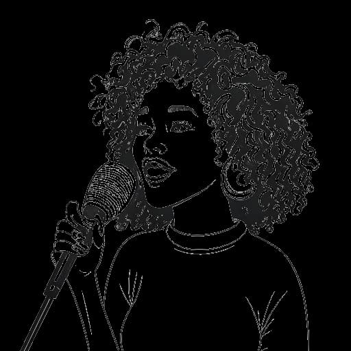 Dessin en noir et blanc d'une jeune fille, représentant Taylor Swift, chantant dans un microphone avec des sapins de Noël symbolisant ses débuts précoces.