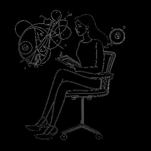 Dessin minimaliste d'une femme, représentant Taylor Swift, dans une chaise de réalisateur, entourée de motifs de musique, de football et d'œufs de Pâques, mettant en avant ses jalons personnels.