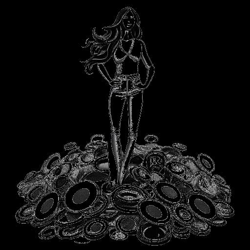 Disegno in stile line art di una donna che rappresenta Taylor Swift, con lunghi capelli, in piedi su dischi di platino, brandendo una chitarra, circondata da statuette di premi, con un motivo a onde che evoca un pubblico sullo sfondo.