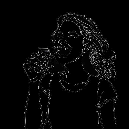 Dibujo de arte lineal de una mujer, representando a Taylor Swift, sosteniendo una cámara y riendo en una fiesta