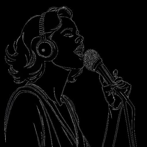 Disegno in arte lineare di una donna, rappresentante Taylor Swift, che tiene un microfono e canta in uno studio di registrazione