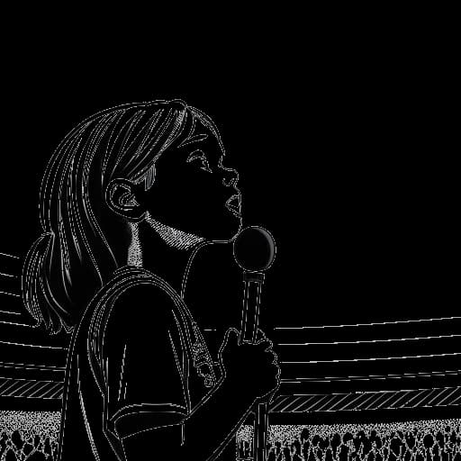 Disegno in arte lineare di una ragazza, rappresentante Taylor Swift, che canta l'inno nazionale durante una partita di basket