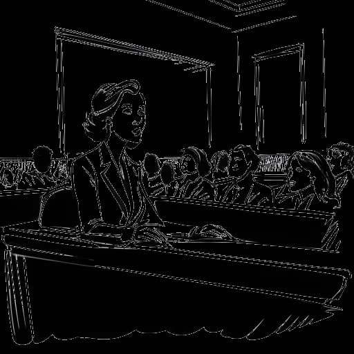 Disegno in arte lineare di una donna, rappresentante Taylor Swift, che testimonia in tribunale