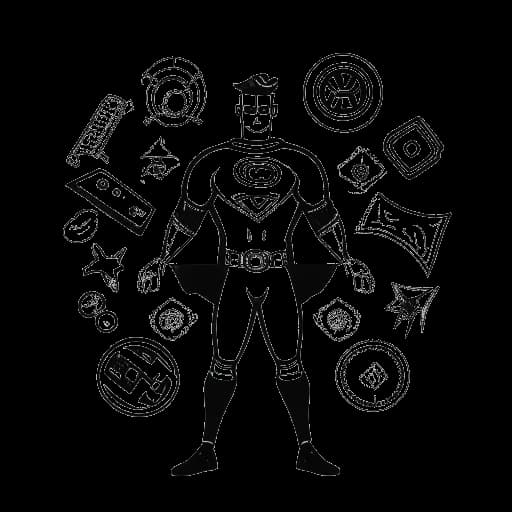 Desenho de linha de um homem, representando Amrou Fudl, em uma pose de super-herói com distintivos de aplicação da lei e ícones de redes sociais ao seu redor, contra um fundo branco.