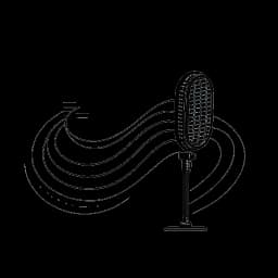 Desenho de linha de um microfone com ondas sonoras, representando o podcast Fresh&Fit de Myron Gaines, com um gráfico ascendente ao fundo transmitindo sua crescente popularidade, contra um fundo branco.
