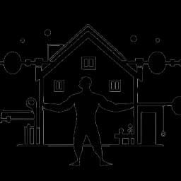 Desenho de linha de um homem, simbolicamente representando Myron Gaines, levantando peso com símbolos de redes sociais e silhuetas de casas em cada lado, destacando sua influência no fitness e na administração de propriedades, contra um fundo branco.