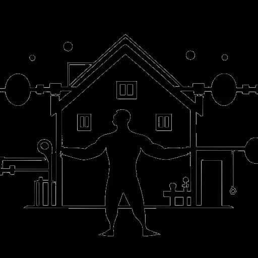Desenho de linha de um homem, simbolicamente representando Myron Gaines, levantando peso com símbolos de redes sociais e silhuetas de casas em cada lado, destacando sua influência no fitness e na administração de propriedades, contra um fundo branco.