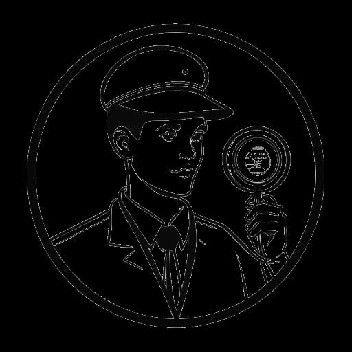 Desenho de linha de um jovem, simbolizando Myron Gaines, como um graduado com um distintivo e uma lupa, indicando a progressão de sua carreira da universidade para o Homeland Security, contra um fundo branco.