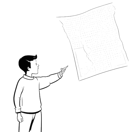 Dibujo de arte lineal de un hombre, representando a Myron Gaines, parado frente a un mapa de Connecticut, señalando una ubicación, con una figura más pequeña de un niño a su lado.