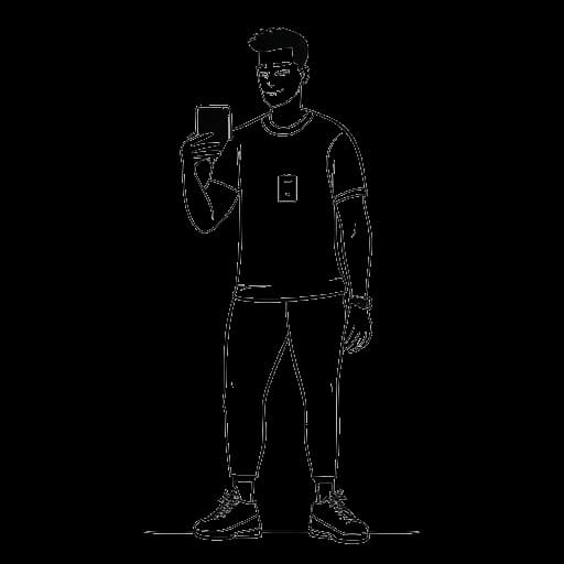 Dibujo de arte lineal de un hombre, representando a Myron Gaines, posando con ropa deportiva, con un teléfono inteligente que muestra el recuento de seguidores de Instagram.
