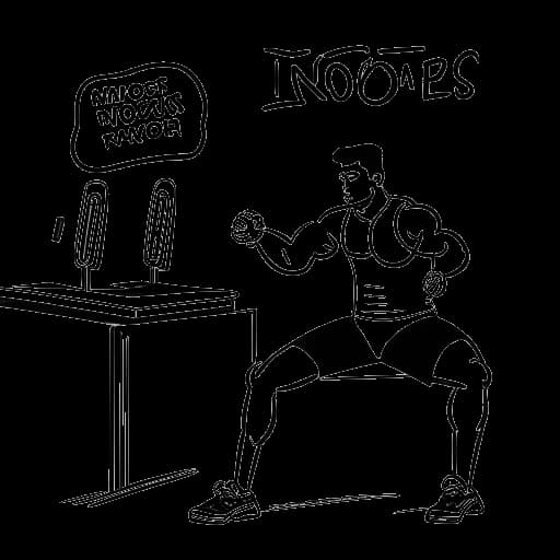 Dibujo de arte lineal de un hombre, representando a Myron Gaines, haciendo ejercicio en un gimnasio, con carteles de 'no drogas' y 'no alcohol' en el fondo.