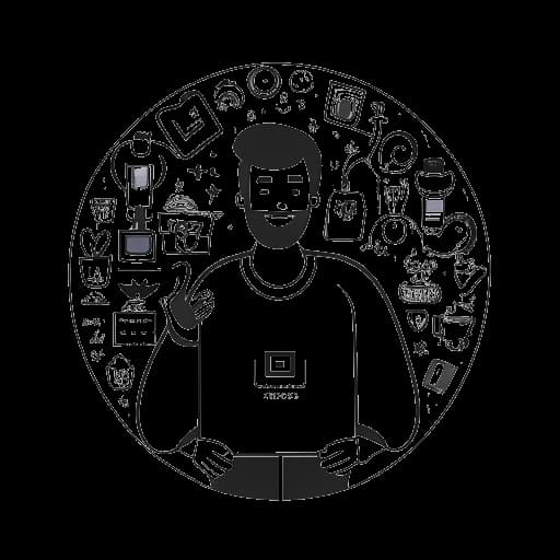 Dibujo de arte lineal de un hombre, representando a Myron Gaines, sosteniendo un premio de botón de reproducción de YouTube, rodeado de pequeños iconos de personas.