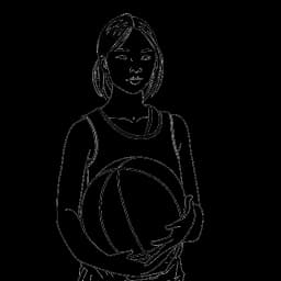 Dibujo a línea de una joven, representando a Miki Rai, sosteniendo un balón de baloncesto.