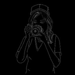 Dibujo a línea de una mujer, representando a Miki Rai, sosteniendo una cámara.