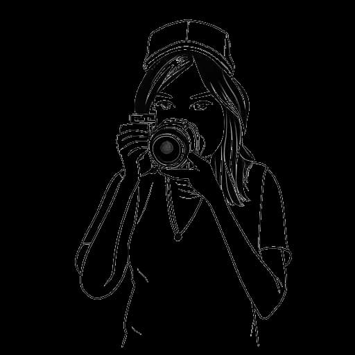 Dibujo a línea de una mujer, representando a Miki Rai, sosteniendo una cámara.