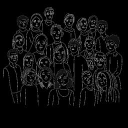 Dibujo a línea de una comunidad de personas diversas, representando la comunidad en línea de apoyo de Miki Rai.