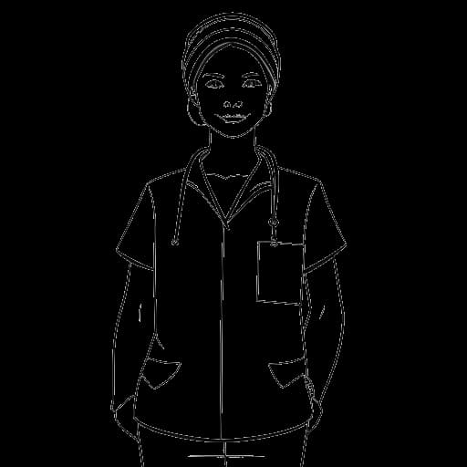 Dibujo a línea de una enfermera, representando a Miki Rai, vistiendo batas quirúrgicas.