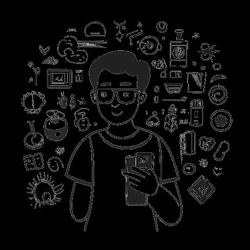Disegno in stile linea di un uomo, che rappresenta Cody Ko, che tiene una fotocamera e uno smartphone, con icone che rappresentano piattaforme social media popolari come Vine e YouTube che lo circondano. Quest'immagine rappresenta l'ascesa di Cody alla fama sui social media.