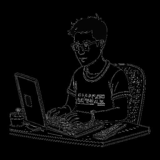Disegno in stile linea di un uomo, che rappresenta Cody Ko, con i capelli corti, che indossa occhiali e una maglietta con la programmazione informatica, seduto davanti a un computer a codificare. Quest'immagine rappresenta il background di Cody nella scienza informatica e nell'ingegneria del software.
