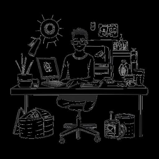 Disegno a linee di un uomo, rappresentante Cody Ko, seduto a una scrivania con un computer, circondato da simboli del dollaro e loghi di YouTube.