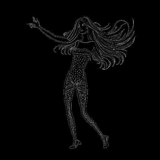 Strichzeichnung eines Mädchens, das Ariana Greenblatt darstellt, in einem glitzernden Tanzkostüm in 'Dancing with the Stars: Juniors', auf einem weißen Hintergrund.