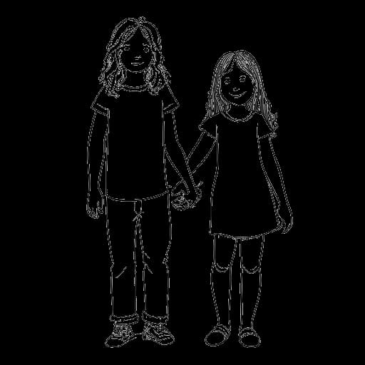Strichzeichnung eines Mädchens, das Ariana Greenblatt darstellt, das mit einem Jungen vor einem Familienporträt Händchen hält und dadurch Zeit mit ihrer Familie darstellt, auf einem weißen Hintergrund.