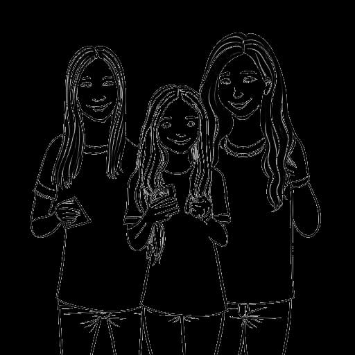 Strichzeichnung eines Mädchens, das Ariana Greenblatt darstellt, und eine 'Friends'-DVD hält und mit Figuren steht, die den Darstellern ähneln, auf einem weißen Hintergrund.