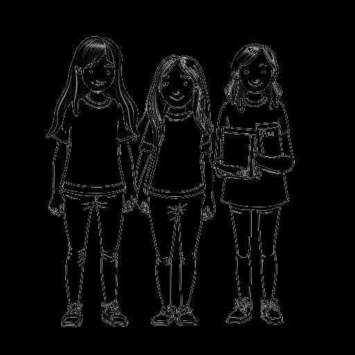 Strichzeichnung eines Mädchens, das Ariana Greenblatt als Daphne Diaz in 'Stuck in the Middle' darstellt, umgeben von ihren Geschwistern, auf einem weißen Hintergrund.