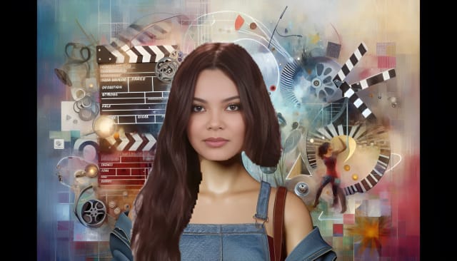 Ariana Greenblatt, dressed trendily, standing with film and dance motifs in an abstract, colorful background.