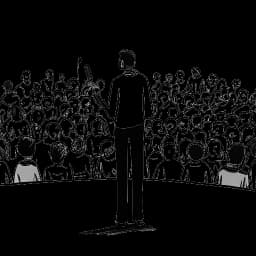 Line art drawing of a man representing Raj Patel delivering a compelling speech on global issues to a varied audience, highlighted by symbolic depictions of food scarcity and inequality