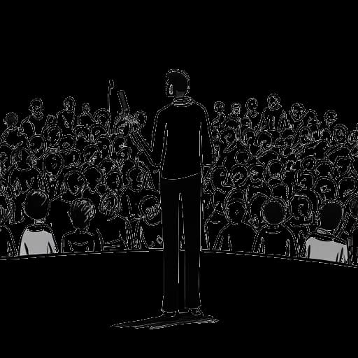 Line art drawing of a man representing Raj Patel delivering a compelling speech on global issues to a varied audience, highlighted by symbolic depictions of food scarcity and inequality
