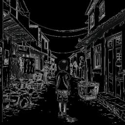 Line art drawing of a child representing Raj Patel exploring the bustling streets of Bombay, observing the class disparities, with a corner shop backdrop