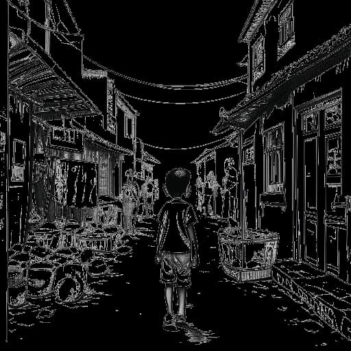 Line art drawing of a child representing Raj Patel exploring the bustling streets of Bombay, observing the class disparities, with a corner shop backdrop