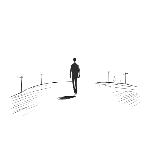 Line art drawing depicting a person facing obstacles on their journey, embodying the perseverance and dedication reminiscent of Raj Patel's activism