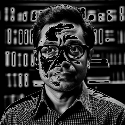 Eine Linienzeichnung eines Mannes, der Raj Patel repräsentiert, mit Brille und einem entschlossenen Gesichtsausdruck. Im Hintergrund sind Regale mit Büchern und Protestplakaten zu sehen, die Patels literarische Erfolge und sein Aktivismus symbolisieren.