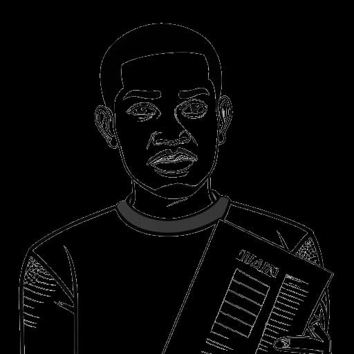 Strichzeichnung eines Mannes, der Raj Patel darstellt, der ein abgelehntes Visum mit einer simbabwischen Flagge im Hintergrund auf weißem Hintergrund hält.